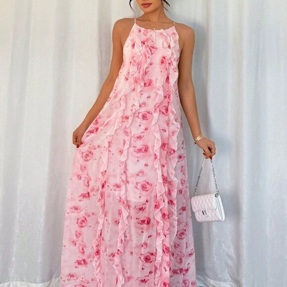 Pink Women's Elegant Ruffle Strap Floral Print Long Flowy Maxi Dress - Picture 6 of 7
